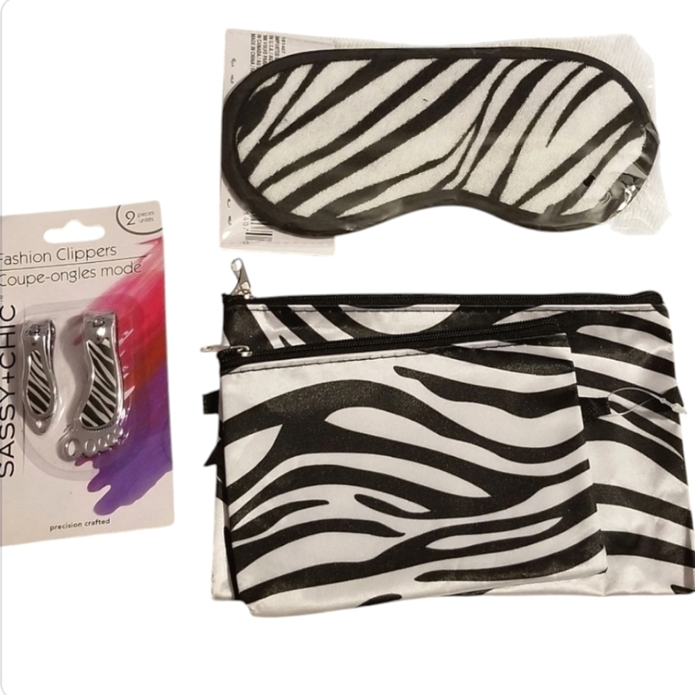 NEW 4-Piece Zebra Print Beauty Bundle: Make Up Bags, Clippers & Sleep Mask